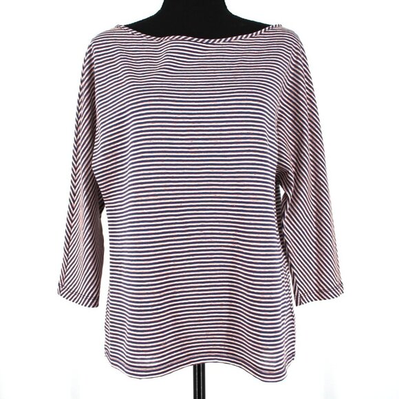 St. John Striped Navy Blue Stripe Linen Blend Tee Shirt Dolman Sleeve Medium NEW - Picture 1 of 7